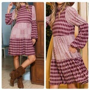 Bohemian Long Sleeve Diamond Print Tiered Midi Dress With Pockets For Women-NEW